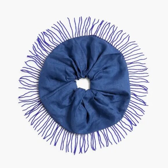 GANNI fringed bead-embellished linen hair tie blue/indigo